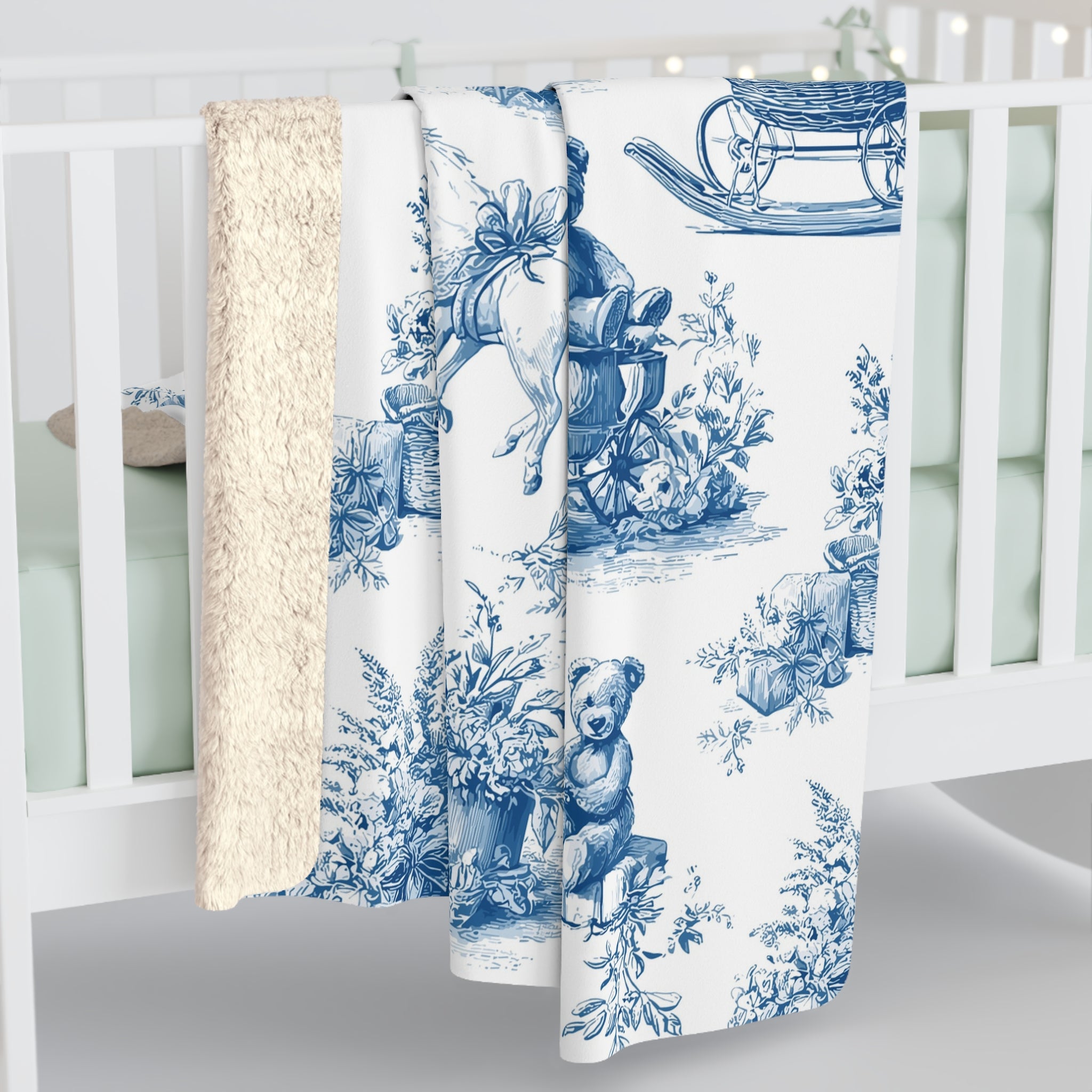 Sinivalkoinen vanhan ajan joulu nallejen kera – Sherpa-fleecepeitto (3 kokoa)