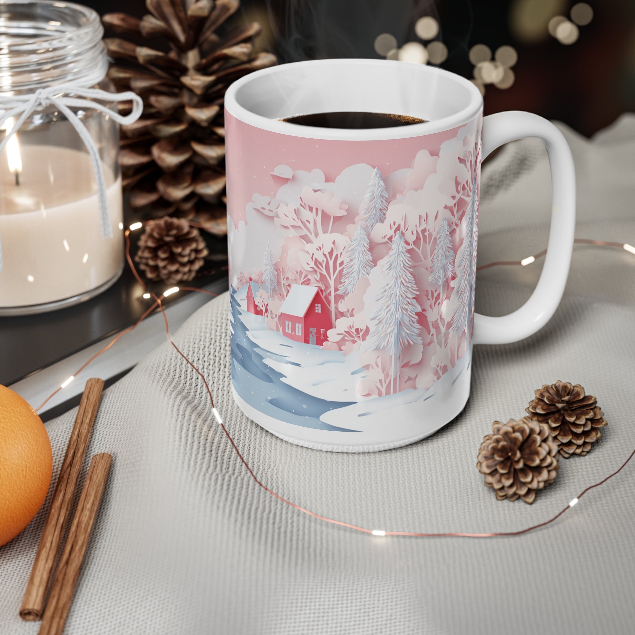 Vaaleanpunainen joulumuki – Hempeä talvimaisema, joka rauhoittaa joka hörpyllä