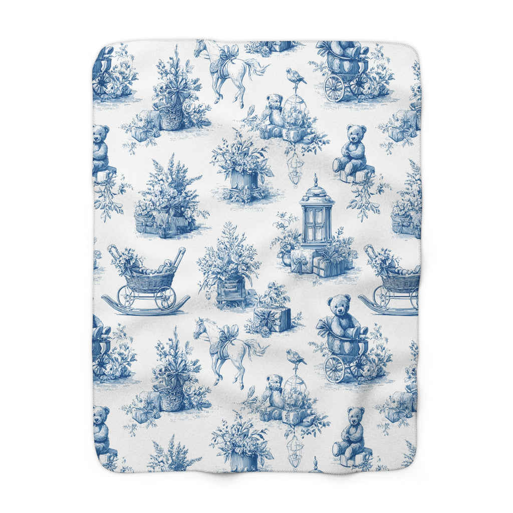 Sinivalkoinen vanhan ajan joulu nallejen kera – Sherpa-fleecepeitto (3 kokoa)