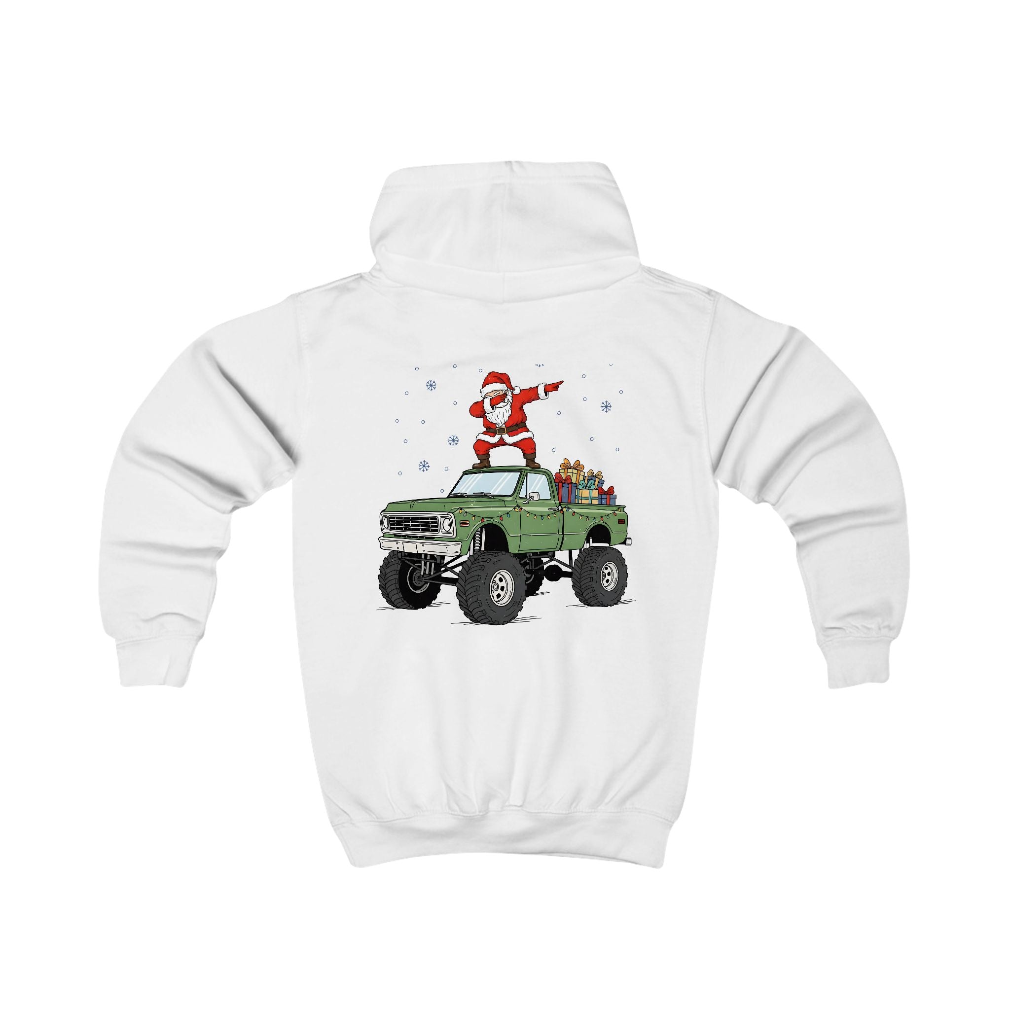 Lasten Santa Truck -huppari (selkäprintti) – joulun vauhdikkain huppari! 🚚🎅❄️