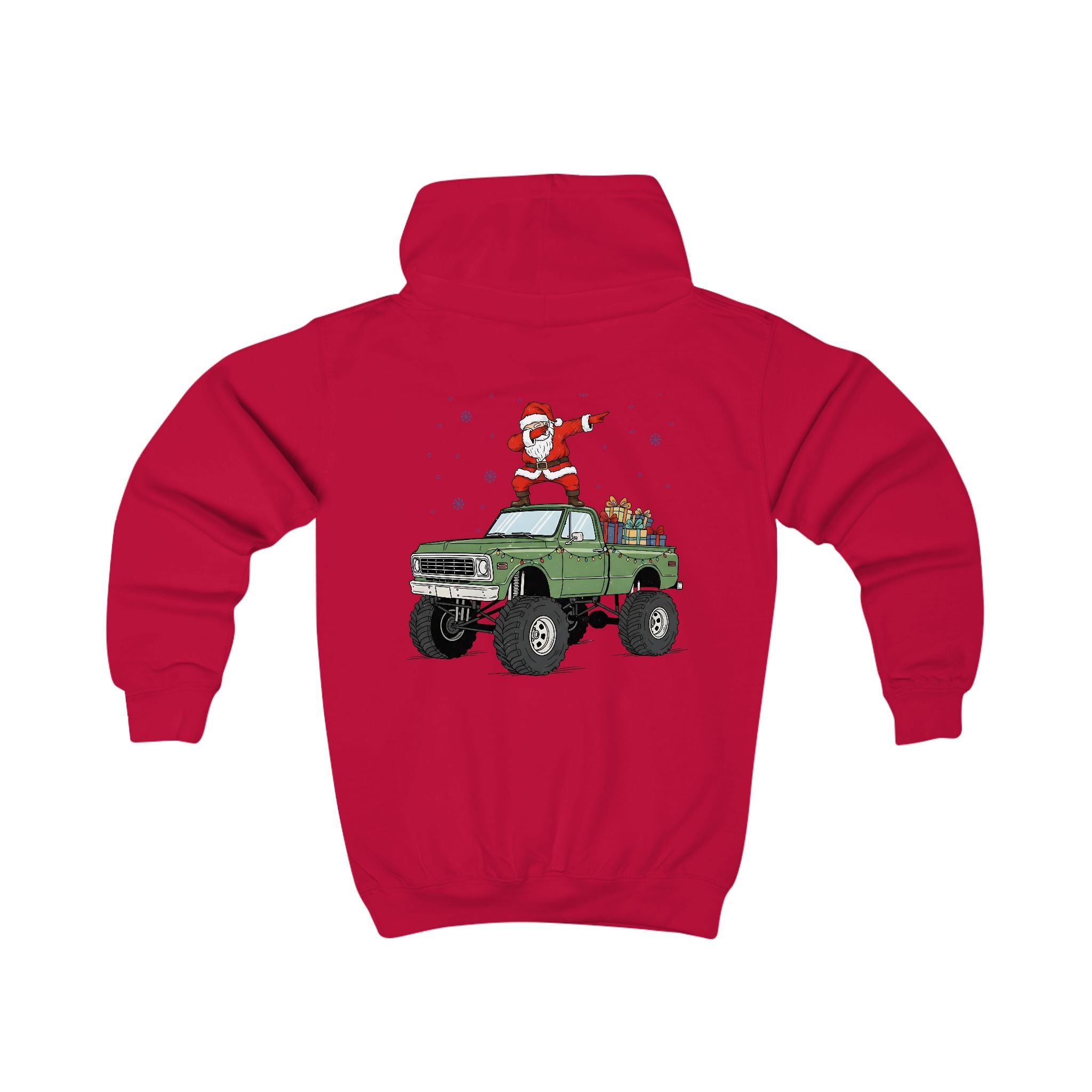 Lasten Santa Truck -huppari (selkäprintti) – joulun vauhdikkain huppari! 🚚🎅❄️