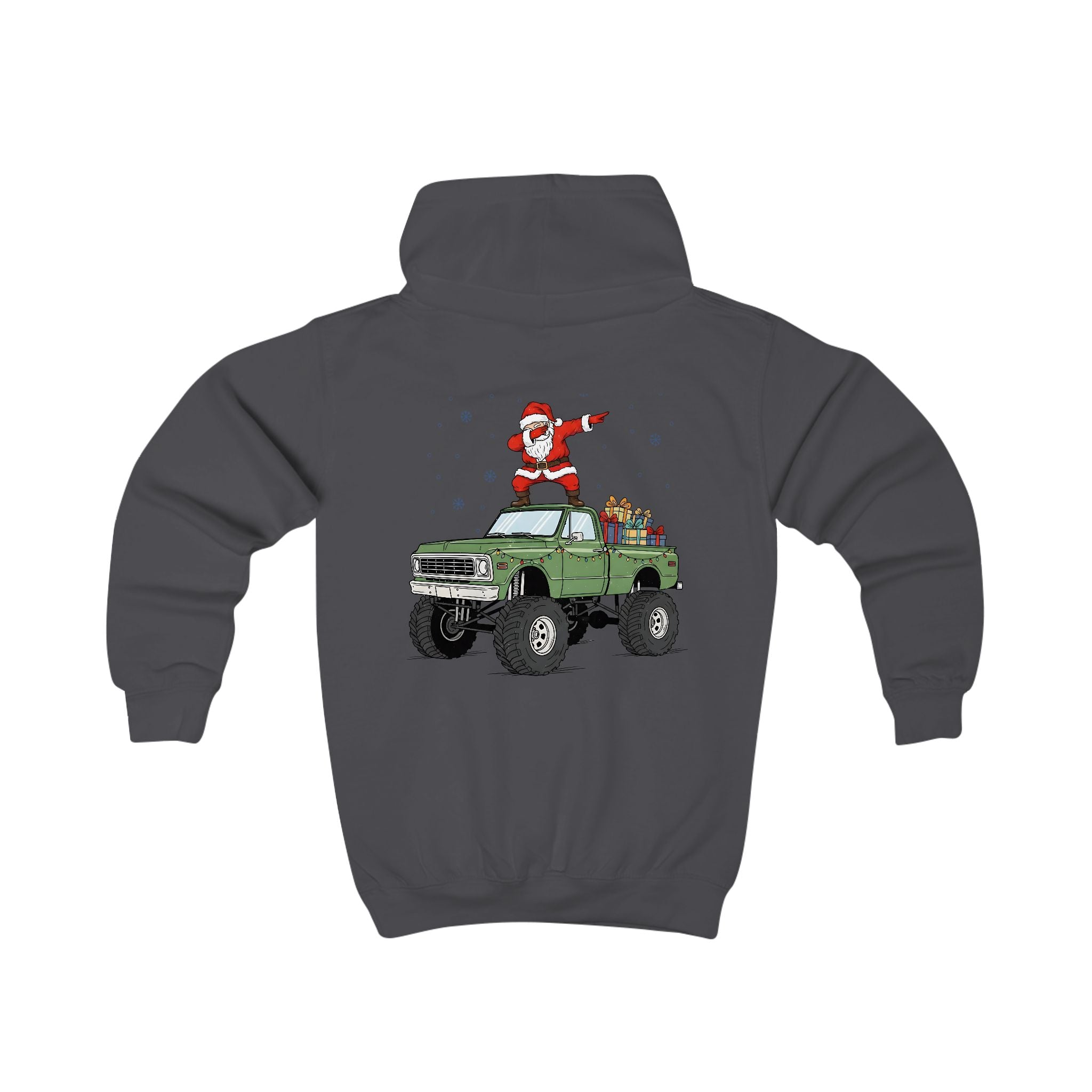 Lasten Santa Truck -huppari (selkäprintti) – joulun vauhdikkain huppari! 🚚🎅❄️