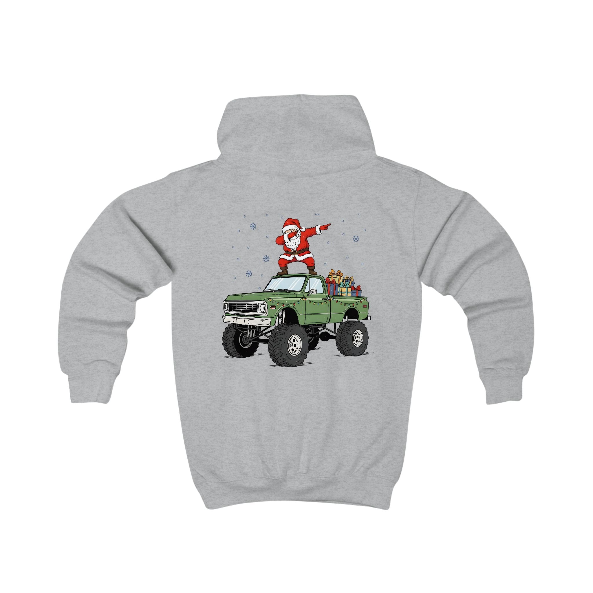 Lasten Santa Truck -huppari (selkäprintti) – joulun vauhdikkain huppari! 🚚🎅❄️