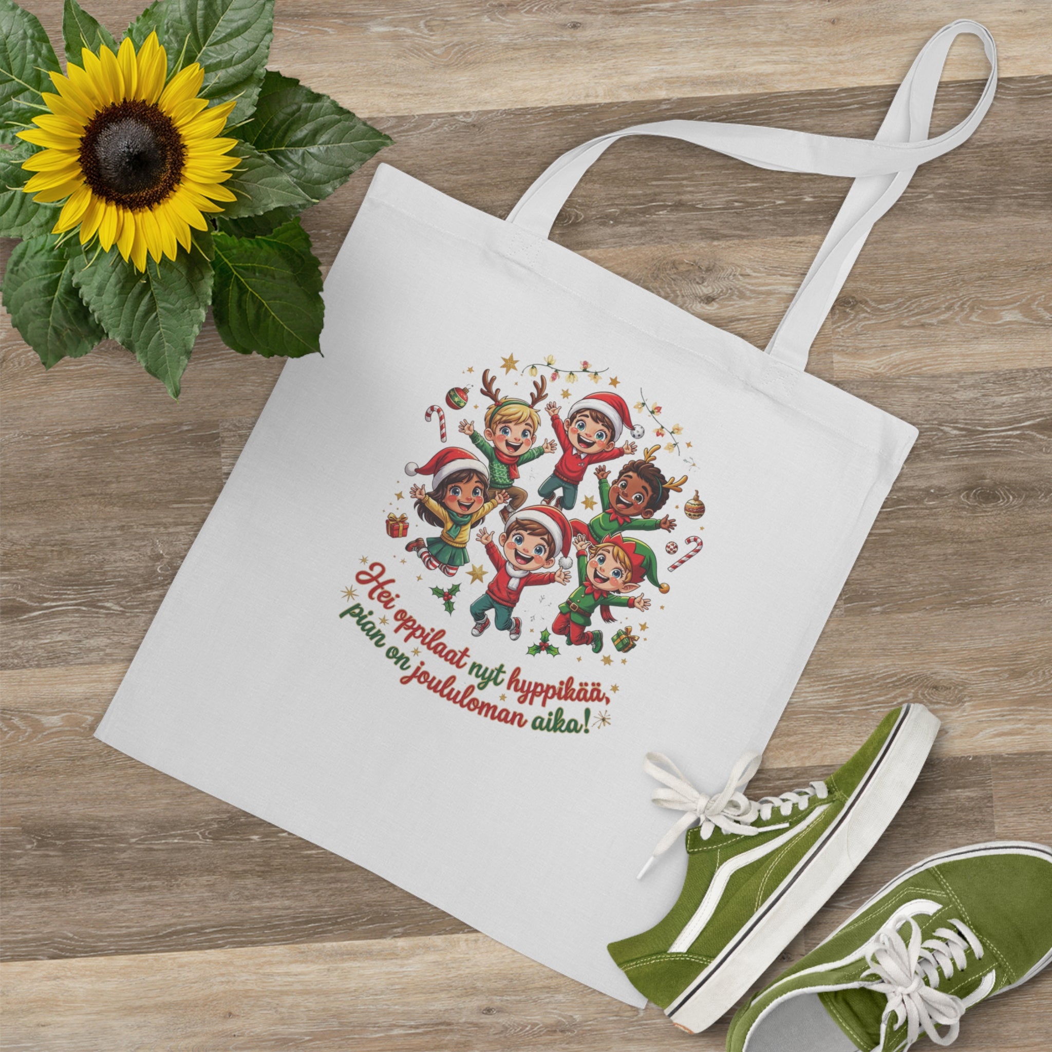 Opettajille hauska jouluinen kangaskassi - “Hei oppilaat nyt hyppikää – pian on joululoman aika!”