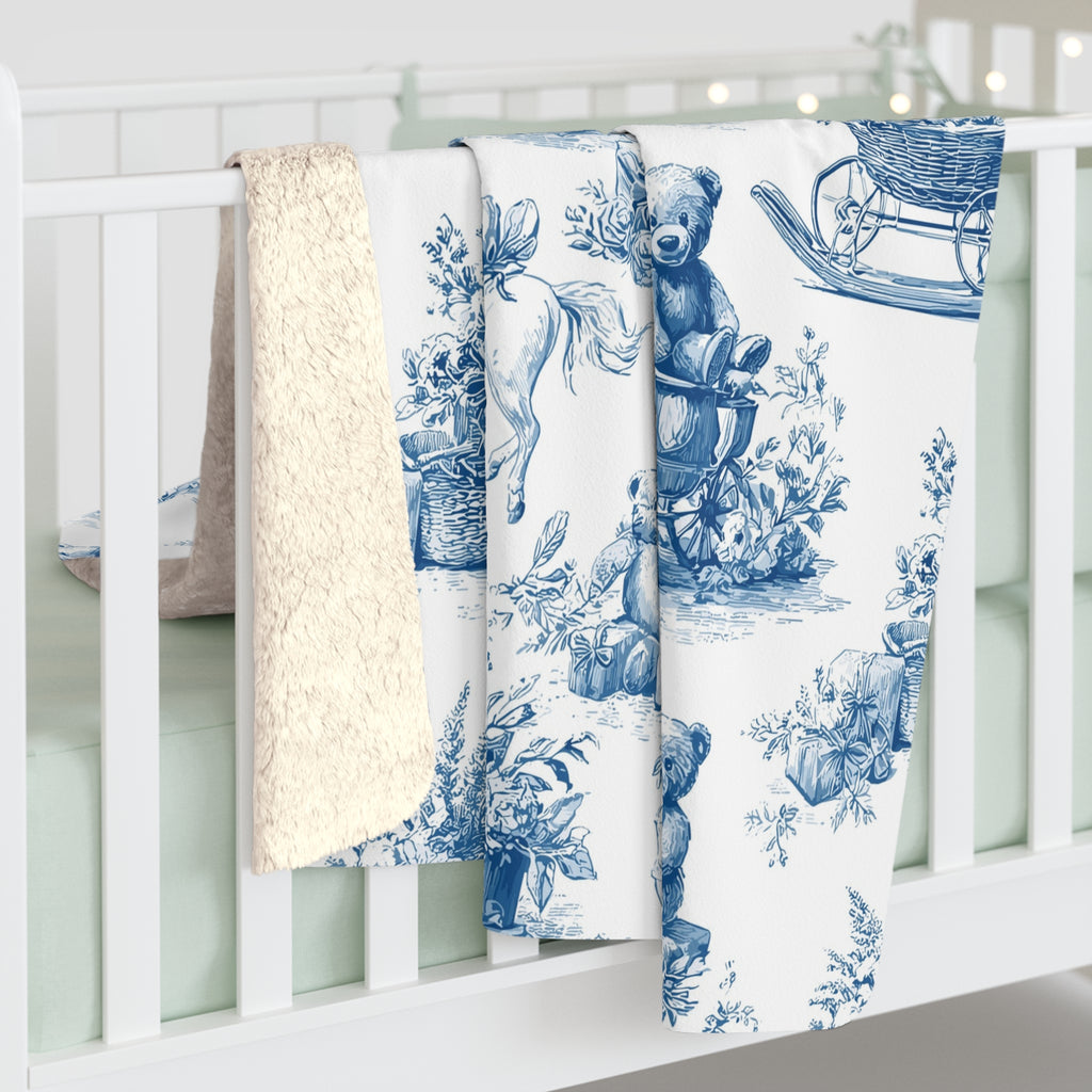 Sinivalkoinen vanhan ajan joulu nallejen kera – Sherpa-fleecepeitto (3 kokoa)