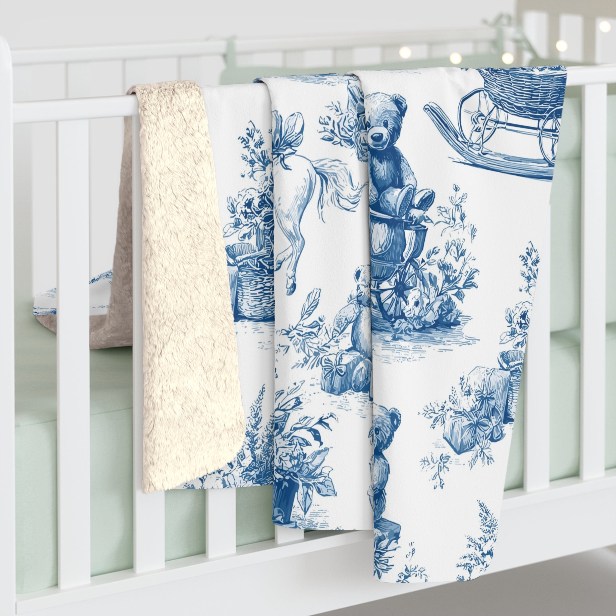 Sinivalkoinen vanhan ajan joulu nallejen kera – Sherpa-fleecepeitto (3 kokoa)