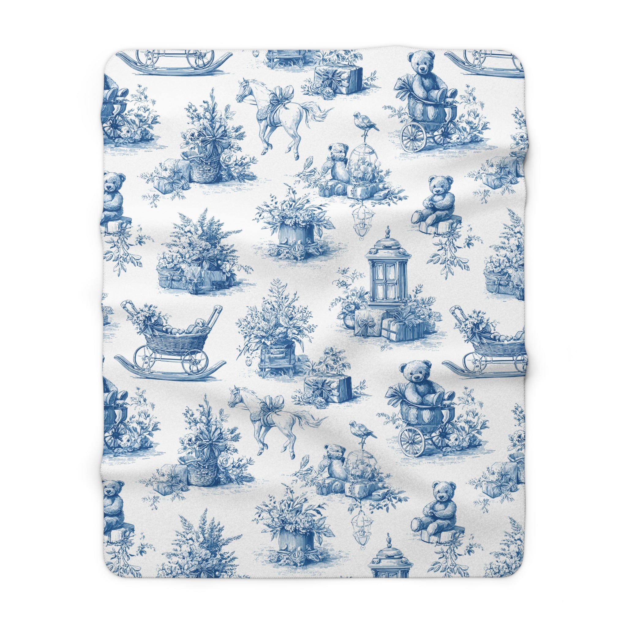 Sinivalkoinen vanhan ajan joulu nallejen kera – Sherpa-fleecepeitto (3 kokoa)