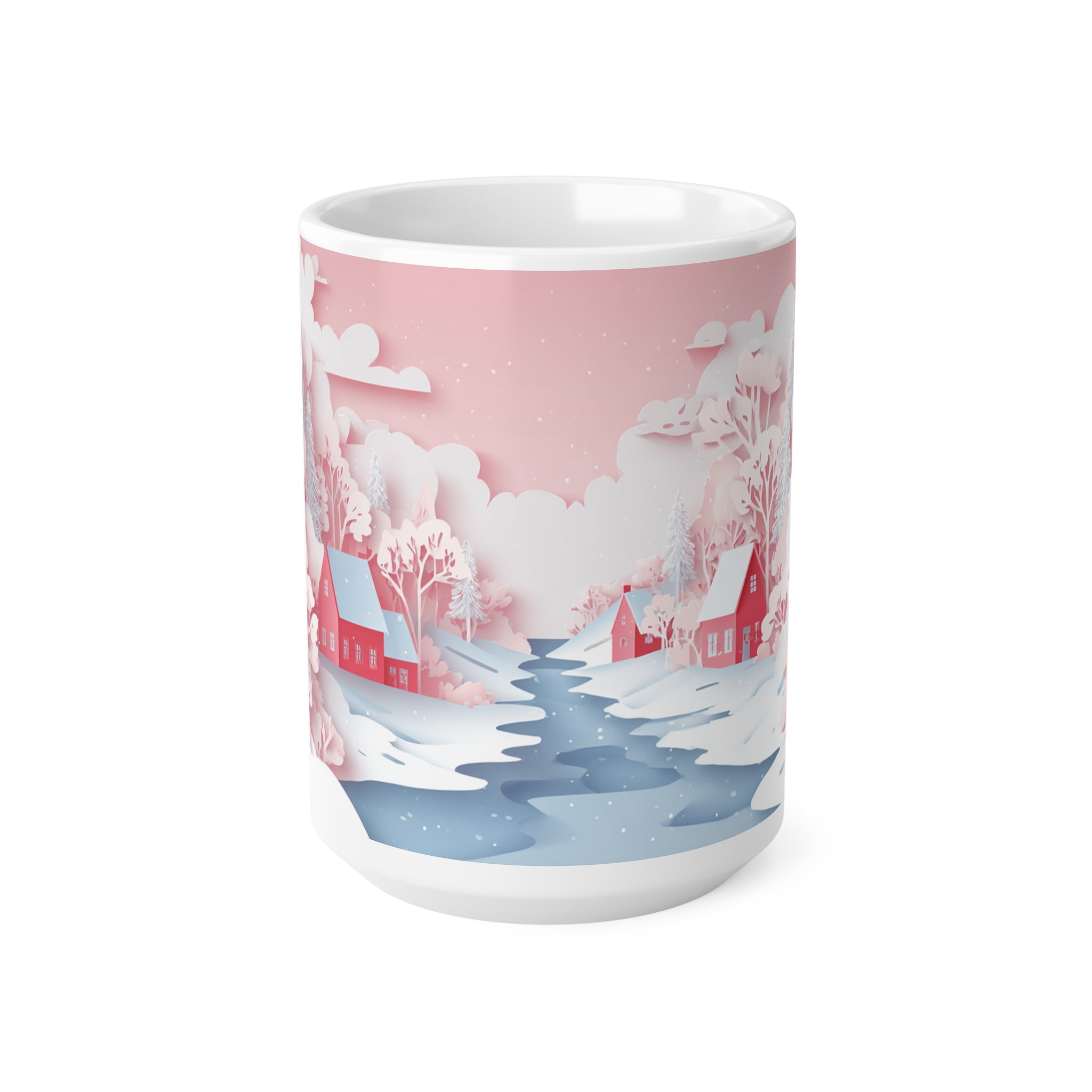 Vaaleanpunainen joulumuki – Hempeä talvimaisema, joka rauhoittaa joka hörpyllä