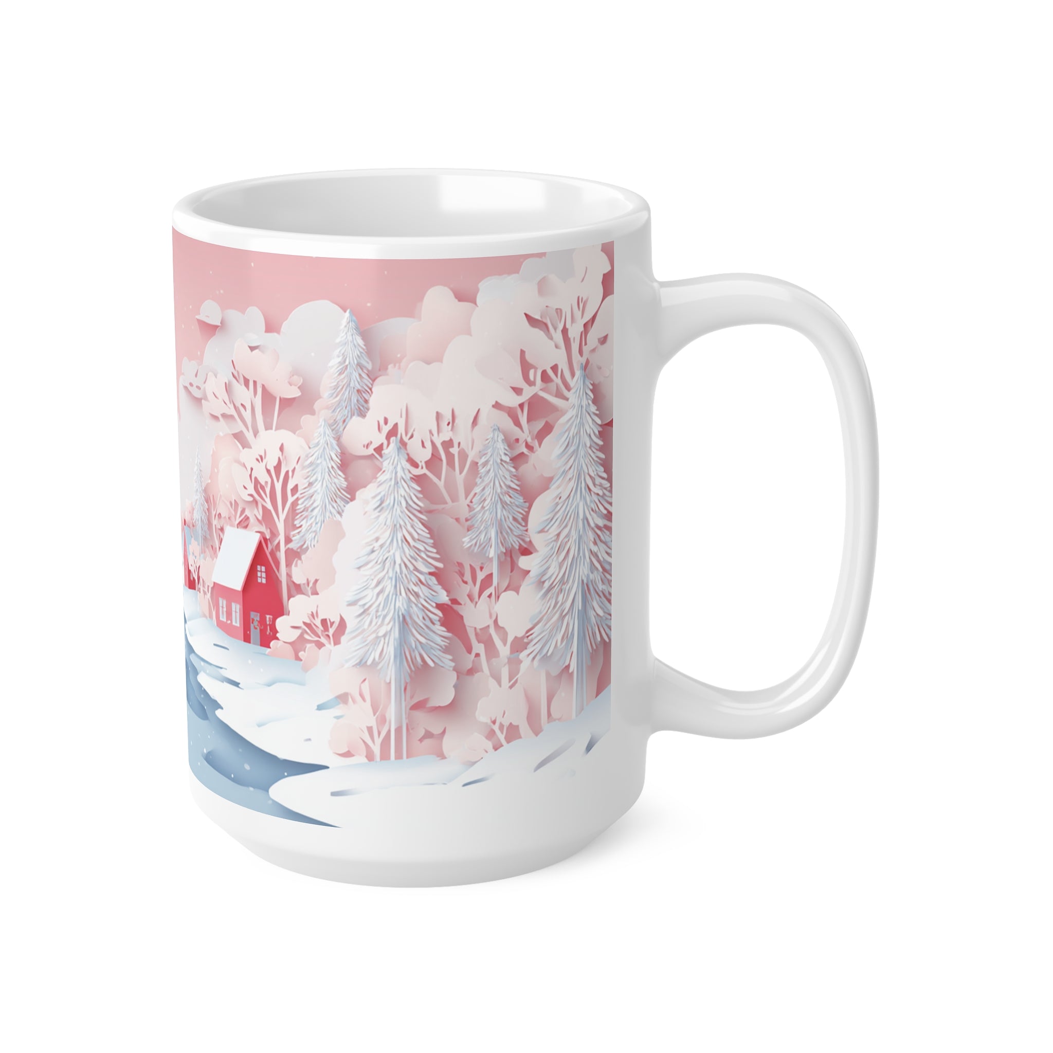 Vaaleanpunainen joulumuki – Hempeä talvimaisema, joka rauhoittaa joka hörpyllä