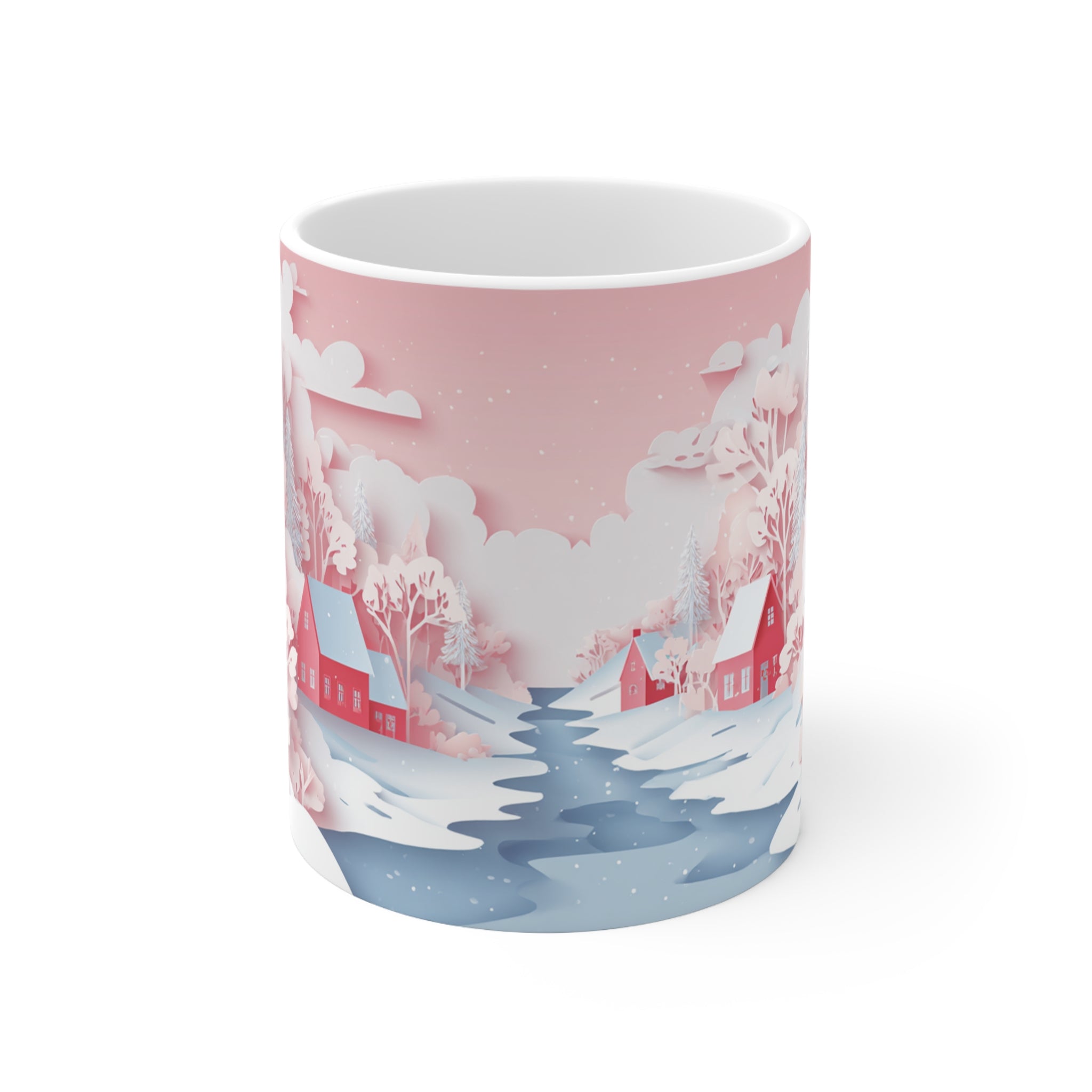 Vaaleanpunainen joulumuki – Hempeä talvimaisema, joka rauhoittaa joka hörpyllä