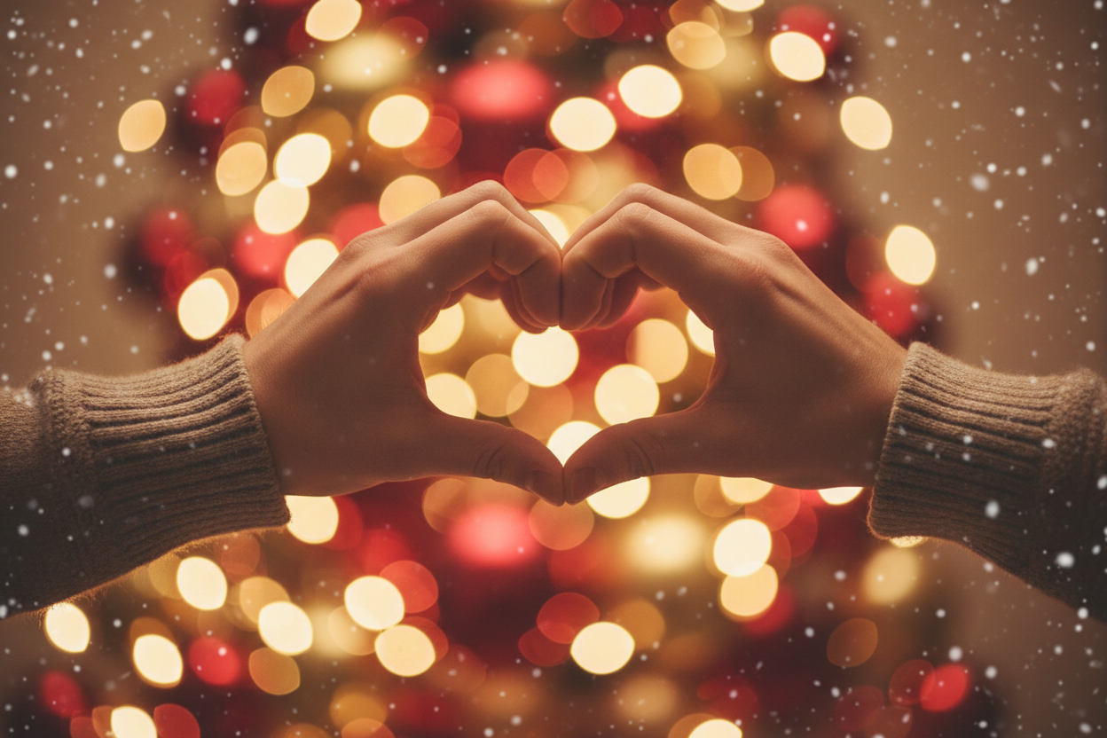 two hands in closeup making a heart, cozy atmosphere christmasyy